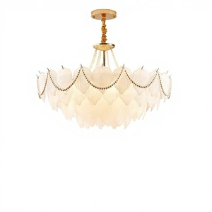 French Cream Style LED Chandelier Light Luxury Feather Leaf Pearl Post-modern Living Room Bedroom Lamps