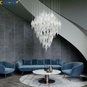 Modern Style Custom Design Long Remote Control LED Glass Leaves Chandelier Hanging Light for Hotel/Villa/Stairwell Decor