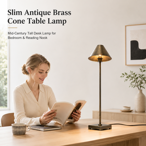 YH American Cone Shade Design Retro Antique Reading Brass Table Desk Lighting LED Metal Table Lamp