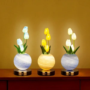 Modern Artificial Tulip Bouquet Night Light Table Lamp Bedside Ambient Light USB Touch Control Dimmable Battery Flexible Simple