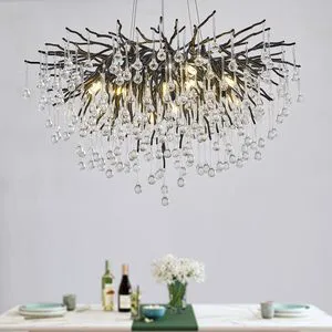 Modern Crystal Chandelier Black TreeBranch Raindrop Chandelier Round K9 Crystal Chandeliers for Entryway Bedroom
