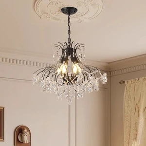 French Style Retro Crystal Iron Adjustable Height Three-Color LED Black Chandelier Branch Shape Luxury Elegant Bedroom Light