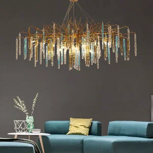 Scandinavian Post-modern Gold Full Copper Branch Crystal Water Droplet LED Chandelier for Living Room Dining Room Bedroom Middle