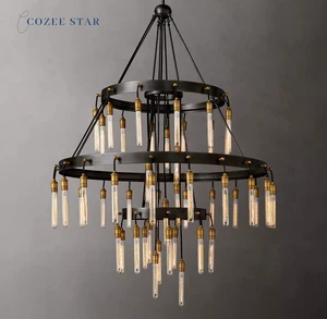 Modern Round LED Chandelier with Adjustable Height Black Iron Axis Light Fixture for Villa & Hotel E12 Bulb Base Hanging Lamp
