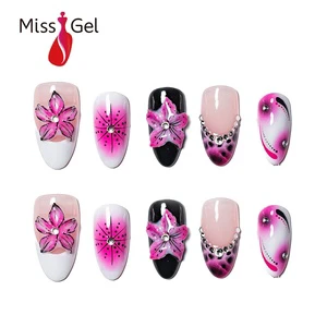 Wholesale Medium Length Almond Pink Floral Press On Nails With Rhinestones Wearable Waterproof Artificial Fingernails With Glue