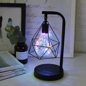 Retro Iron Art LED Night Light Geometric Desk Lighting Bedside Lamp Classic Iron Home Living Room Coffee Bar Decor Ambience Lamp