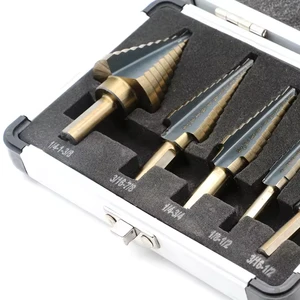 High Quality Titanium Coated 5 Pcs HSS Step drill bit Set In Aluminum Box