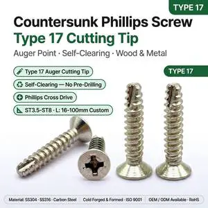 Cold Formed SS316 Countersunk Head Phillips Type 17 Self Tapping Screw Self Clearing No Pre Drill for Wood Meta
