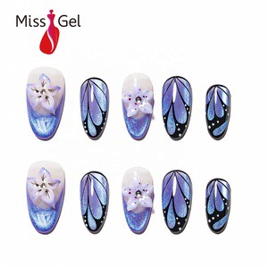 Wholesale Medium Length Almond Y2K Butterfly Nails Purple Aura Cat Eye Shimmer Nails 32pcs Designed Press-On Nails With Glue