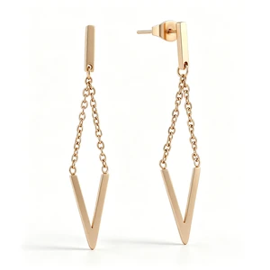 ZHENGUI Rose Gold Dangle Earrings V Shape Drop Double Chain Bar Stud 316L Stainless Steel Jewelry