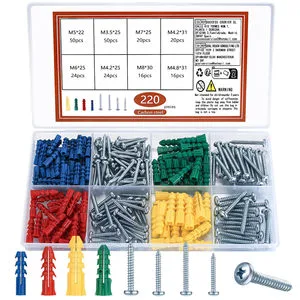 High Quality 220pcs Self Tapping Screw Assorted Sizes Nylon Wall Plug Plastic Anchor and Pan Head Steel Material Inch System