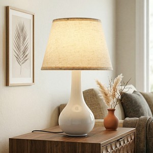 Rustic Terracotta Ceramic Table Lamp With Fabric Shade Bedside Nightstand Lamp For Bedroom Living Room Entryway
