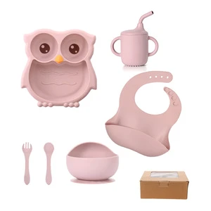 6-Piece Owl-Shaped Baby Silicone Unbreakable Tableware Set With Suction Plate Sippy Cup Bib Bowl Spoon & Fork