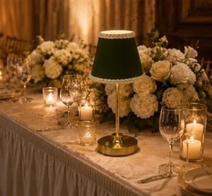 Olive Green Fabric Lampshade with Striped Stitched Edges Battery Powered Light for Wedding Party Decor
