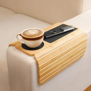 JQ Luxury Bamboo Sofa Cup Holder Tray Non-Slip Rotating Armrest Table For Drinks & Snacks
