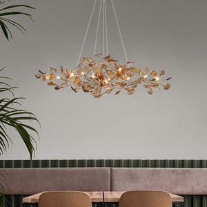 L39.4in Copper Branch Glass Ginkgo Leaf Chandelier Modern Leaves Design Luxury Pendent Lamp Villa Guest Dining Living Room Light