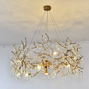 MEEROSEE New Popular Golden Brass Tree Branch Chandelier Fancy Crystal Raindrop Lighting Fixture Hanging for Hotel MD86197