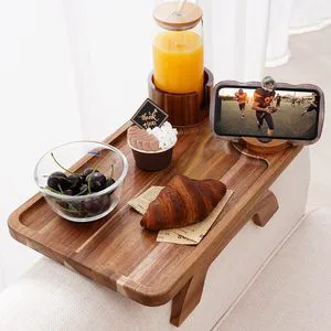 Wholesale Acacia Wood Couch Cup Holder Organizer Sofa Armrest Tray With Phone Stand Multifunction Couch Snack Cup Holder Tray