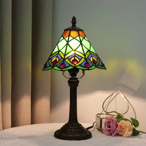 European Style Stained Glass Night Light, Creative Gift Peacock Feather Lampshade Retro Romantic Warm Table Lamp for Bedside