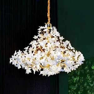VEKO Artwork Luxury Chandelier LED Ceramic Flower Copper Branch Chandelier Romantic Decorative Lighting for Home Villa