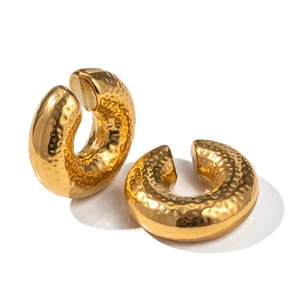 Hypoallergenic Hollow Chunky Statement Clip on Non Pierced Stainless Steel Huggie Hoop Cuff Earrings for Women