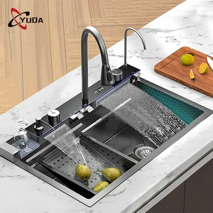 Smart Multifunction Modern Style Kitchen Sink Nano Black Waterfall Faucet Kitchen Sink