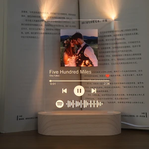 Custom Photo Music Plaque Night Light Engraved Name Song Photo Frame Wooden Base Acrylic Lamp for Gift