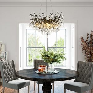 Modern Crystal Chandelier, Black Round Tree Branches Chandelier 8-Light Chandelier for Living Room Bedroom Kitchen Foyer