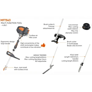 MFT543I 42.7cc 2-stroke Gasoline 4-in-1 Multi-Function Brush Cutter Trimmer Hedge Trimmer Pole Saw Pruner For Farm And Ranch