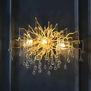 New Arrival Indoor Lighting Bedside Brass Color Gold Branch Crystal Raindrop Wall Lamp for Living Room