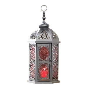 Stylish Metal Lantern With Red Glass Panels Durable Design For Home Decoration Indoor Outdoor Flameless Light Feature Lantern