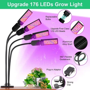 Joystar Replaceable Bulb 4-Head LED Grow Light Aluminium Shell 176 LEDs USB Clip 3/6/12H Timer Bloom Support 5-Level Dimming