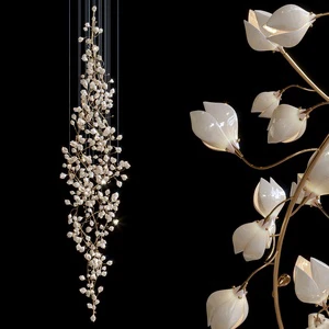 Modern White Flower Chandelier Magnolia Petals Light Ceramic Branch Tree LED Pendant Light Living Room Hotel Lobby Staircase