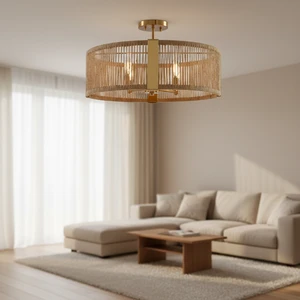 Customized Vintage Modern Rope Hemp LED Pendant Light Handmade Rattan Ceiling Hanging Lamp Outdoor IP66 Rated Suspended Switch