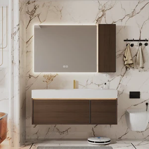 Floating Vanity, Waterproof Solid Wood Bathroom Cabinet With Split Edge-lit LED Mirror & Independent Side Storage Cabinet