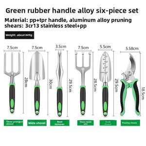 6-Piece Boxed Gardening Tool Set Aluminum Alloy Shovel Three-Tooth Rake Scale Plastic Handle Silver/Black/Green Colors Wholesale