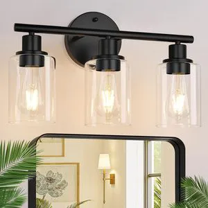 3-Light Bathroom Light Fixtures Black Modern Vanity Lights With Clear Glass Shade Bathroom Wall Lamp for Mirror Kitchen Cabinet