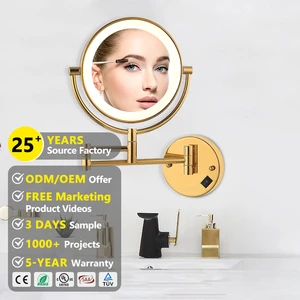 Hot Selling Round Led Hotel Bathroom Vanity Mirrors Wall Mounted Tri-Fold Rotating 3X 5X 7X Magnifying Defogger Wall Mirror