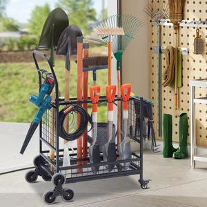 JH-Mech Garden Tool Storage With 2 Stair Climbing Wheels and 2 Lockable Wheels All Metal Garden Tool Organizer and Storage