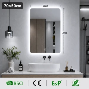 Modern 50x70cm Rectangle LED Illuminated Hotel Bathroom Mirror Backlit Dimmable Wall Mounted Smart 6500K Cool White 12W IP44