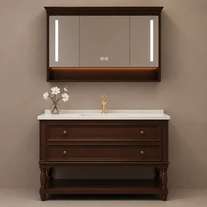 American Style High-end Wood Farmhouse Bathroom Vanity Eco-Friendly Waterproof Ceramic Sink LED Mirror OEM/ODM Hotel/Villa
