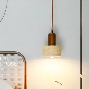 Luxury Japanese Retro Small Pendant Light Wabi-Sabi Style Yellow Travertine Lamp Bedside Chandelier Adjustable Height