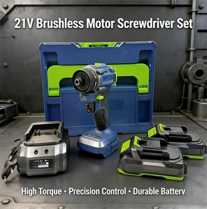 21V Industrial Grade Brushless Cordless Screwdriver Set with Lithium-Ion Battery 185N.m Max Torque 3200 RPM Includes Charger Box