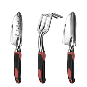 Garden Tools Set 3 Piece Cast-Aluminum Heavy Duty Garden Kit Includes Hand Trowel Transplant Cultivator Rake Soft Rubberized