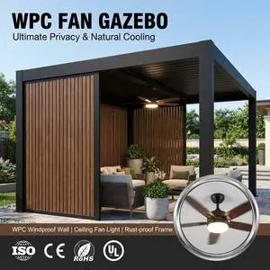 Heavy Duty Aluminum Gazebo With Wooden Texture WPC Windproof Wall And Ceiling Fan Light For Backyard Garden Pavilion Gazebo