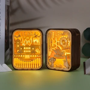 Bedroom Living Room Decor Light 3d Optical Creative Bedside Lamp Usb Power Night Light Wood Carved Table Lamp With City Landmark