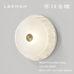 Minimalist Stone LED Round Wall Sconce Lamp Gold Accent Modern Interior Bathroom Bedroom Travertine Frosted Glass Wall Light