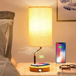 Bedside Table Lamp With Wireless Charger USB Port Touch Control LED Desk Lamp For Bedroom 3-Way Dimmable Wooden Nightstand Lamps
