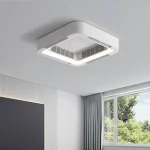 Modern Simple White square Living Room Bedroom Height Adjustable Smart Bladeless Ceiling Fan with Light and Remote Control