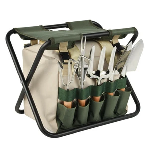 Vertak 7pcs Gardening Hand Tool Set Wooden Handle Garden Tools Kit with Folding Stool Bag